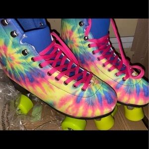 Dolls Kill Tie-Dye Roller Skates with Pink Laces